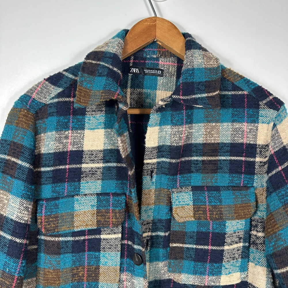 Zara Flannel Shirt Jacket Womens Medium Teal Blue Plaid Lined Shacket Excellent